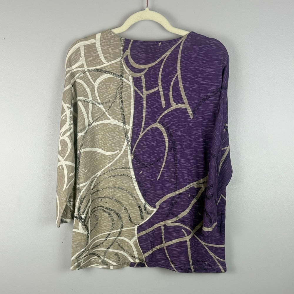 Chico's Cotton Modal Blend Purple Tan Round Neck Abstract 3/4 Sleeve Medium Top - Picture 11 of 11